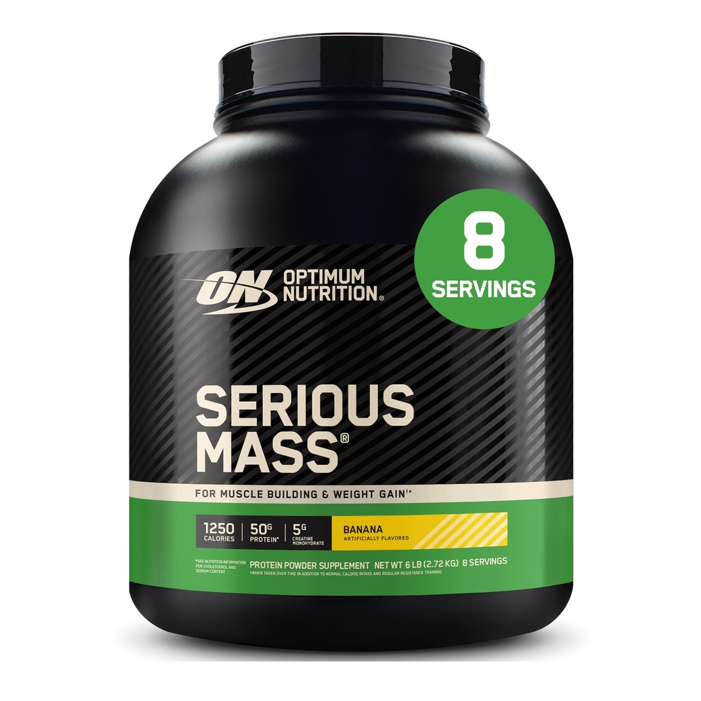 Optimum Nutrition Serious Mass, Weight Gainer Protein Powder, Mass Gainer, Vitamin C och Zink för Immune Support, Kreatin, Banana, 6 Pound (Packaging May Vary)