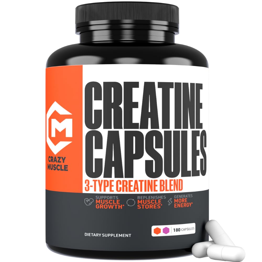 Kreatinkapslar, 5g Premium 3X ThreeAtine Pre Workout Bulk Muscle Mass Gainer, Hög Absorption Lätt att ta kreatinmonohydratpiller Alternativ Optimum Performance för Män Kvinnor, 180 kapslar