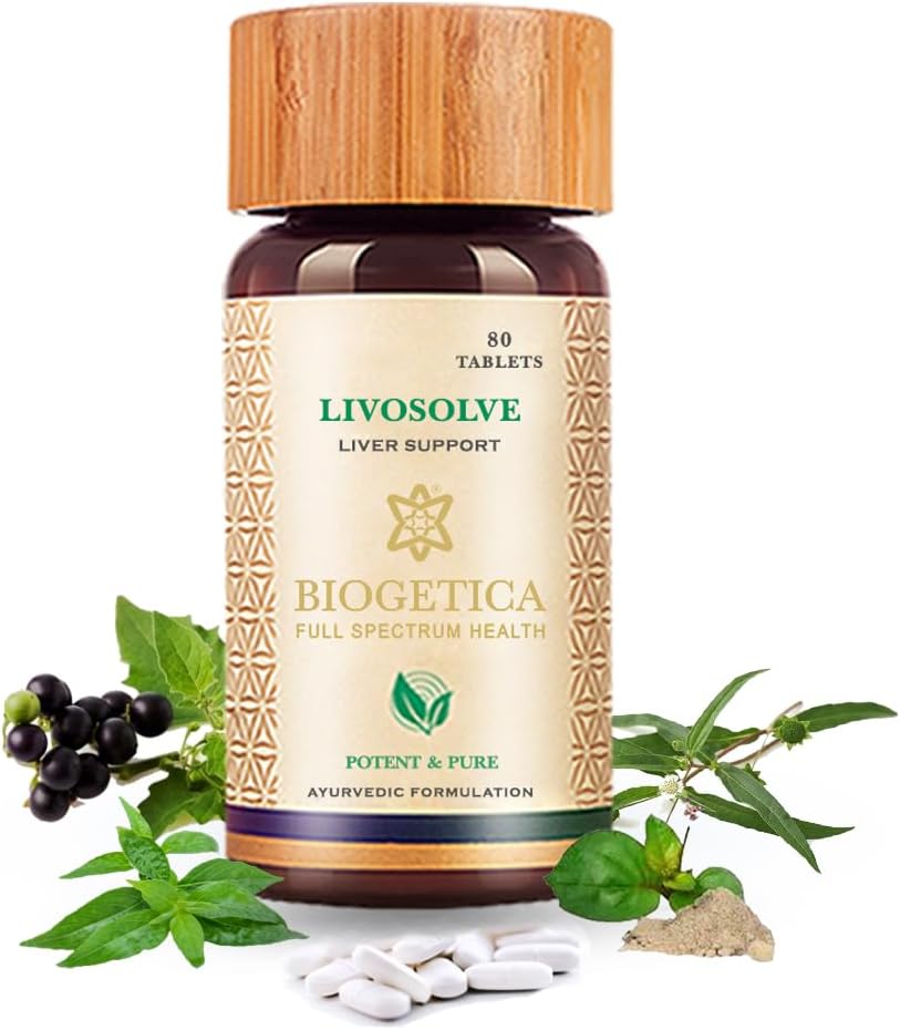 Biogetica Livosolve Herbal Supplement for Liver Care - Total Liver Support, Cleanse & Detox, skyddar celler och enzymer - 100% Vegan Non-GMO - 80 tabletter