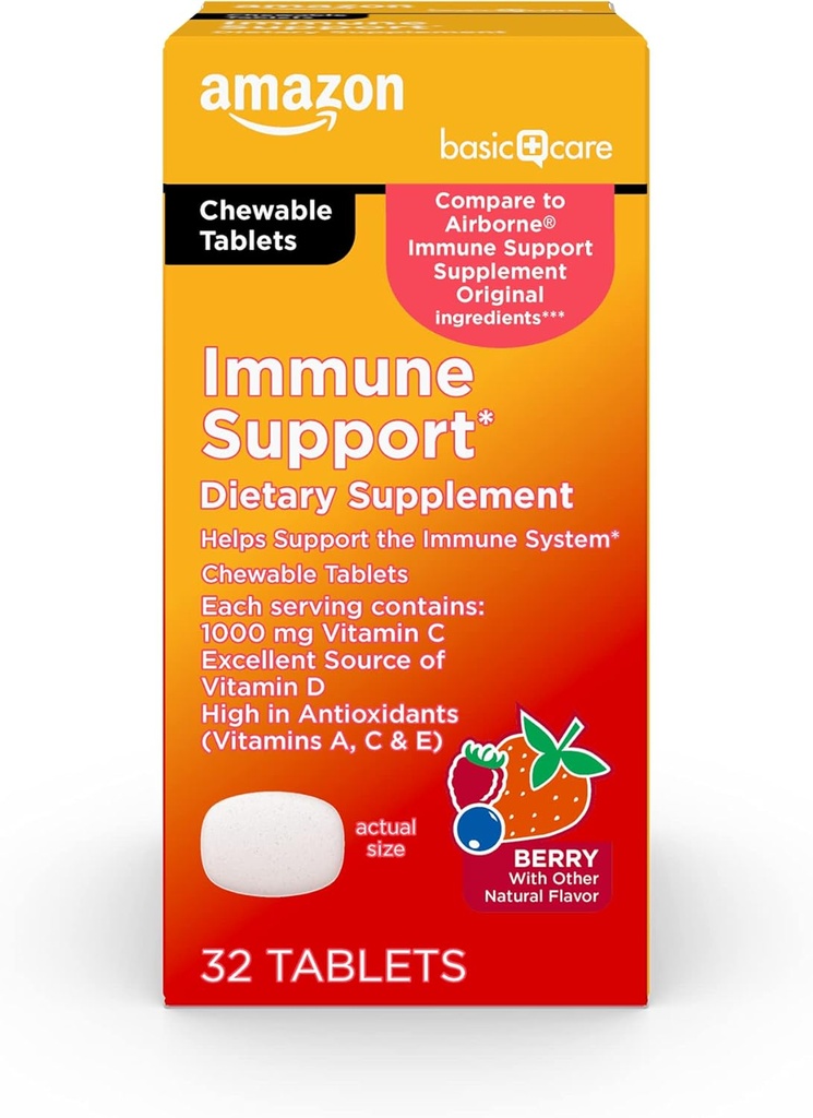 Grundläggande vård - Immun Support Supplement, Berry Chew tabletter, utmärkt källa till kroppsväsentliga solsken vitamin D, 32 greve