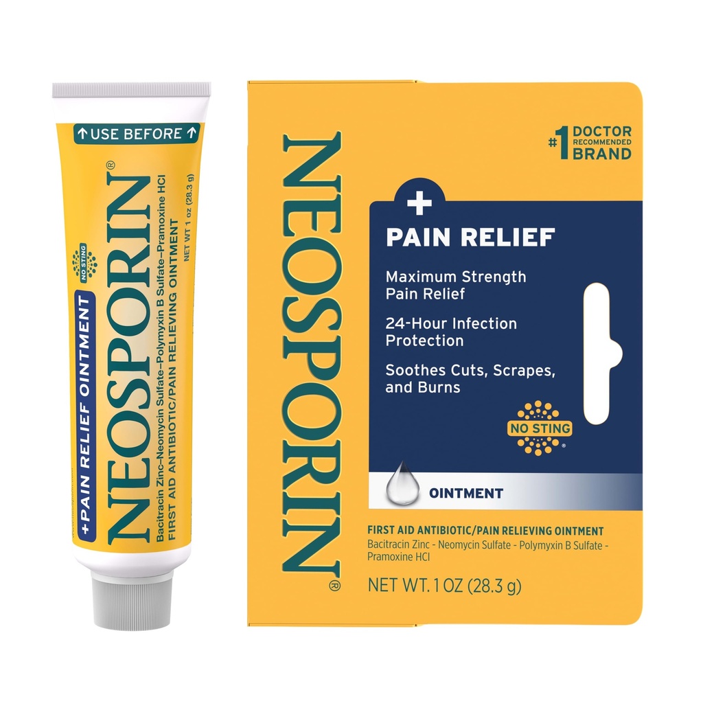 Neosporin + Maximum-Strength Triple Antibiotic Ointment med smärtlindring, Dual Action First Aid Wound Care, No-Sting Formel med Pramoxine HCl, Bacitracin Zinc, 1 uns Single Tube