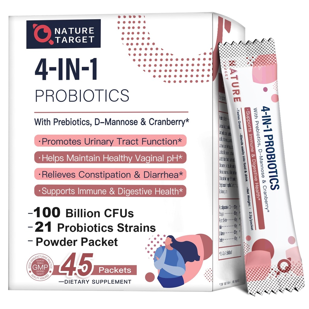 NATURE TARGET Probiotics-for-Women Prebiotics-and-Probiotics-Powder, 100-Billion-CFUs 45-Day-Supply, Women's-Probiotic med D-Mannose och Cranberry för urinväg/Gut/Digestive Health