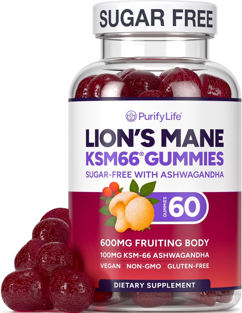 Sugar Free Lions Mane Supplement Gummies med KSM-66 Ashwagandha - Nootropic Supplement for Cognition, Brain Fog, Mental Clarity, Focus & Stress Support - Natural Berry Flavor, Vegan, Made in USA