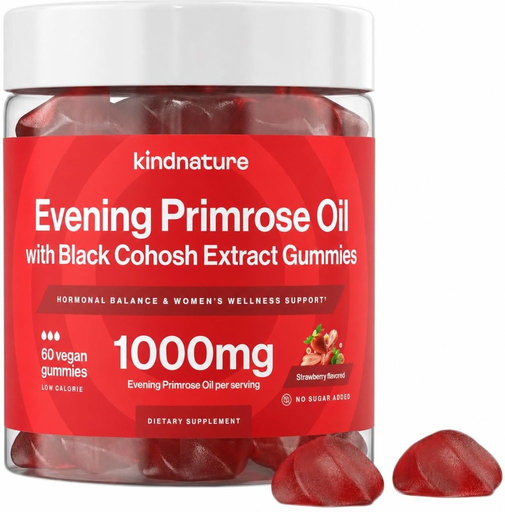 kindnatur Evening Primrose Oil Gummies för kvinnor - 1000mg med Black Cohosh Extract - Hormonal Balance, PMS & Menopause Support - Vegan, Sugar-Free, Non-GMO