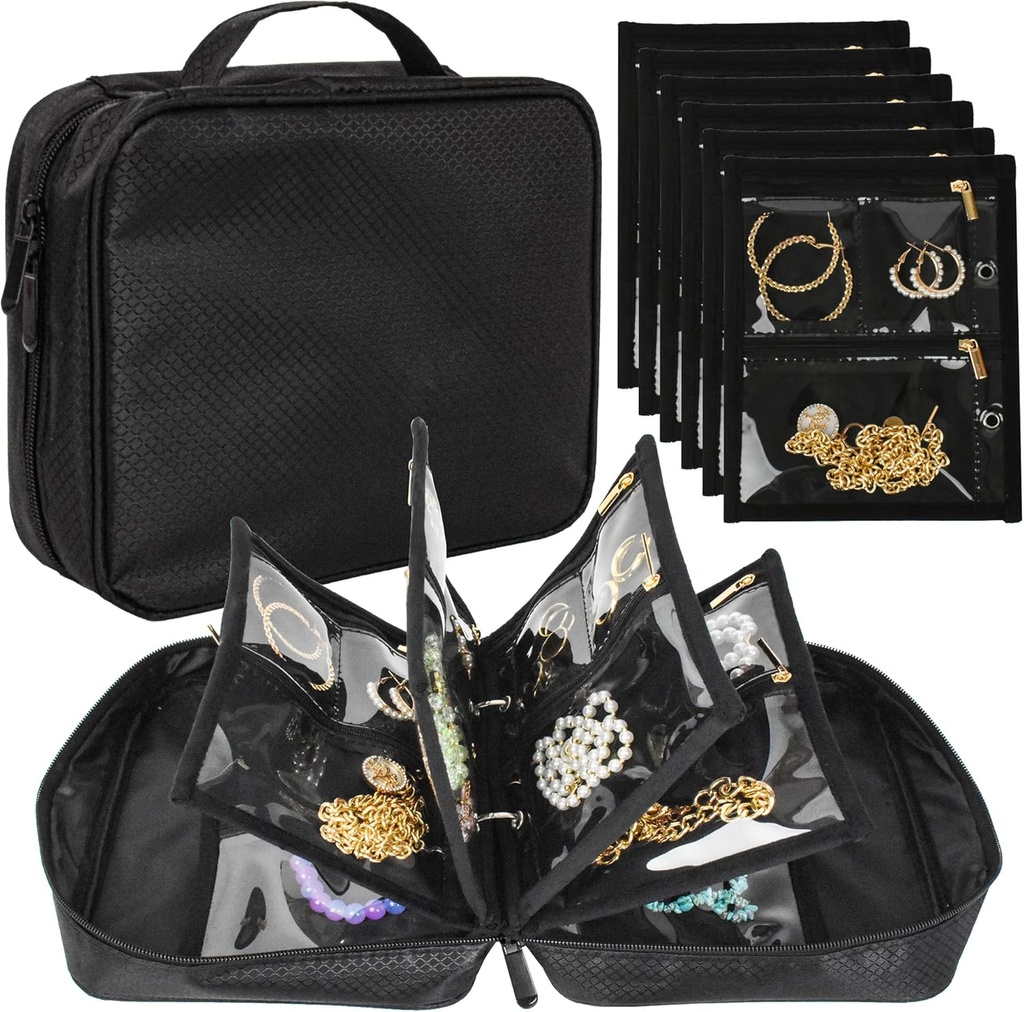 Travel Jewelry Organizer Case, Jewelry Bags Jewelry Storage Book Binder med Clear Zipper Velvet Pouch för resor, örhängen, ringar, halsband, armband