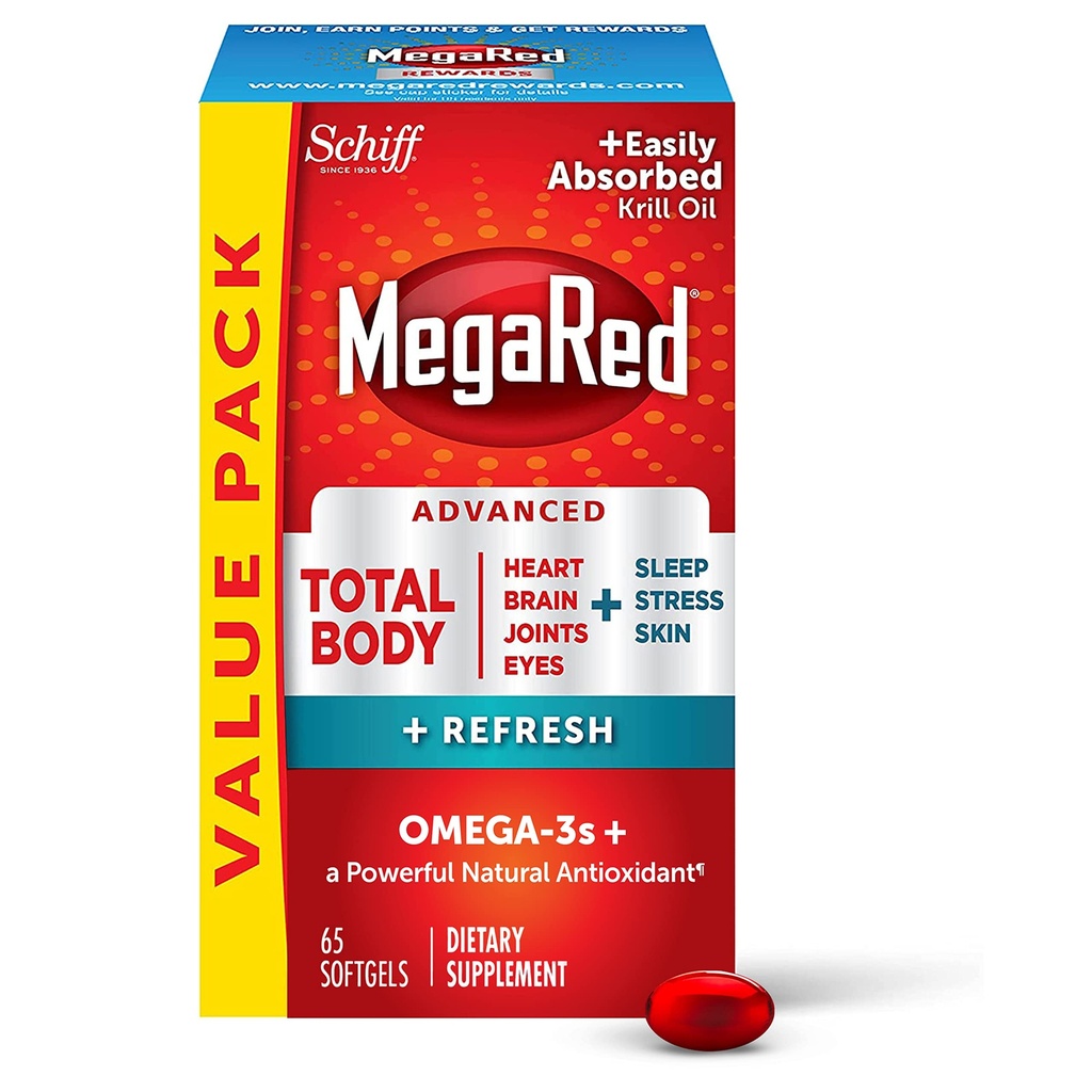 MegaRed Omega-3 Blend Total Body + Refresh 500mg Softgels, (65 greve i en flaska), enkelt Absorbed Krill Oil, för att stödja ditt hjärta, gemensamma, hjärna och ögon