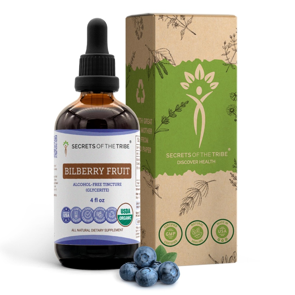 Hemligheter av Tribe Bilberry Fruit USDA Organic | Alkoholfri Extract, High-Potency Herbal Drops, Vision | Made from 100% Certified Organic Bilberry (Vaccinium Myrtillus) Dried Fruit 4 oz
