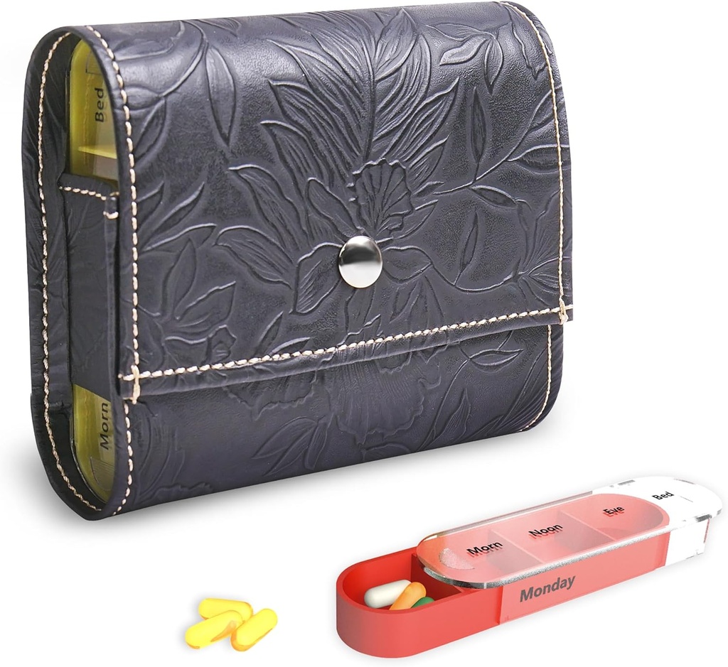 Pill Organizer,LIZIMANDU Veckovis Travel Pill Case Box Medication Reminder Daily AM PM, Day Night 7 Compartments, för 4 gånger per dag, 7 dagar per vecka-inkluderar Läder PU-bärande fall(1-Carved Black)