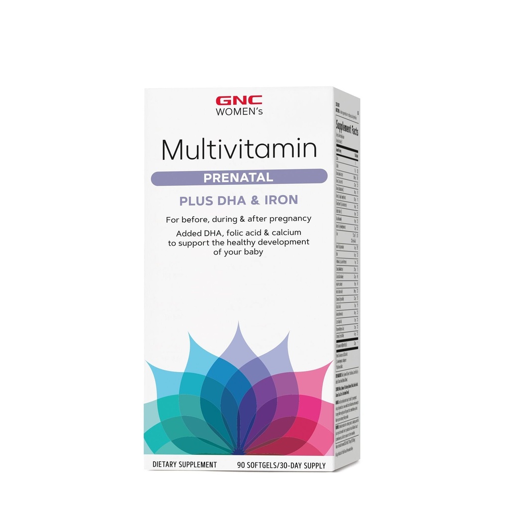 GNC Women's Prenatal Multivitamin Formel med DHA & Iron, Stöd Graviditet och Hälsosam Babyutveckling, Essential Nutrients Folic Acid, Zink, Calcium Plus B Vitaminer, 90 Softgels