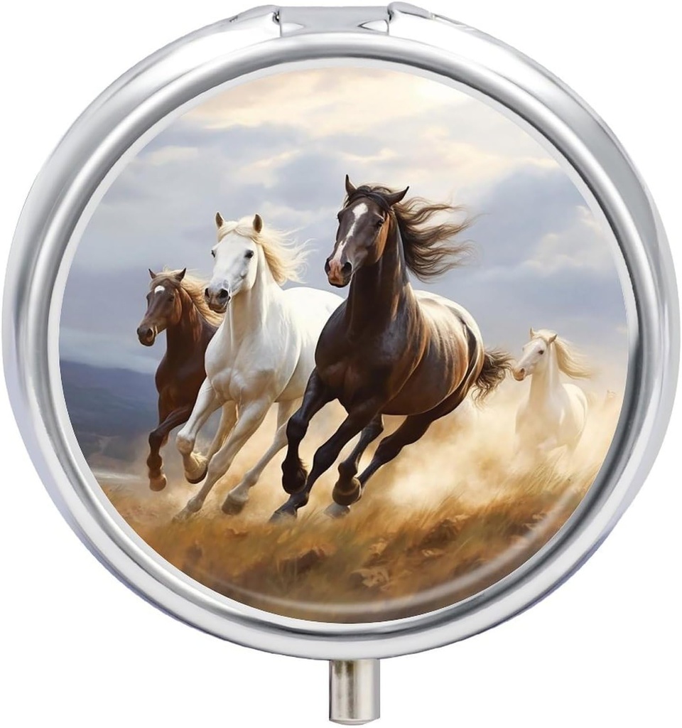 Horses Running Art Pill Case 3 Compartment Portable Pill Box Daily Round Pill Organizer för Pocket Purse Daily Medicine Container för att hålla vitaminer Fish Oil Travel Gifts