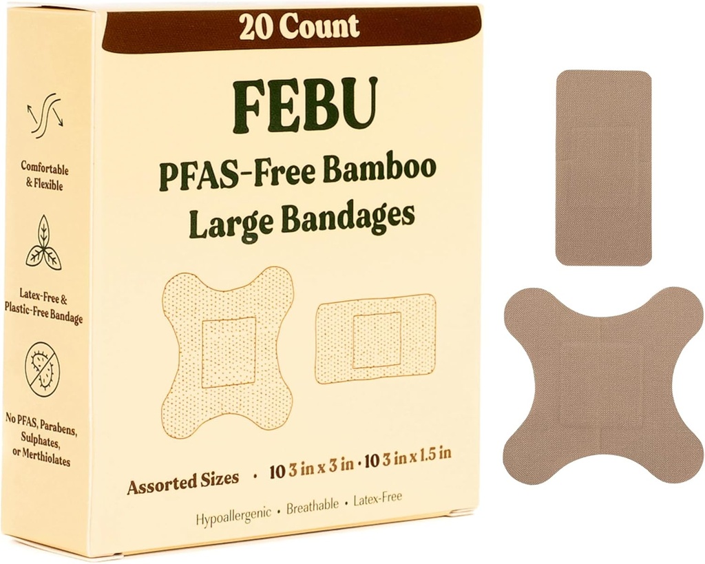 FEBU Eco-Friendly Large Bamboo Bandages | PFAS Free Bandages for Scrapes & Cuts | Flexible Fabric Bandage | Fullt komposterbar, Latex Free Bandage | 20 greve Stor