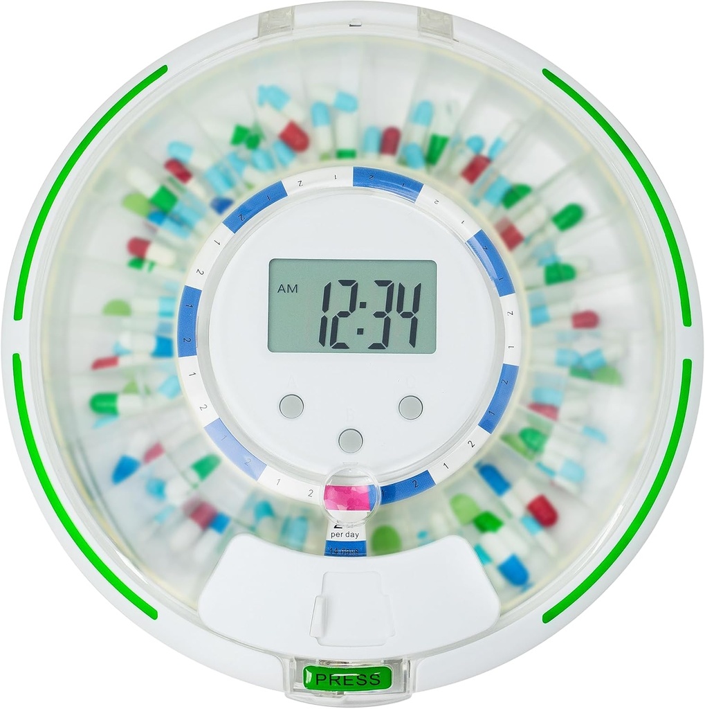 Automatisk Pill Dispenser med blinkande ljus, ljud, alarm och säkerhetslås, 28-dagars Elektronisk Medicinering Organizer - Dispens Vitaminer och tabletter Upp 6 gånger / dag - Easy Read Display (Frosted)