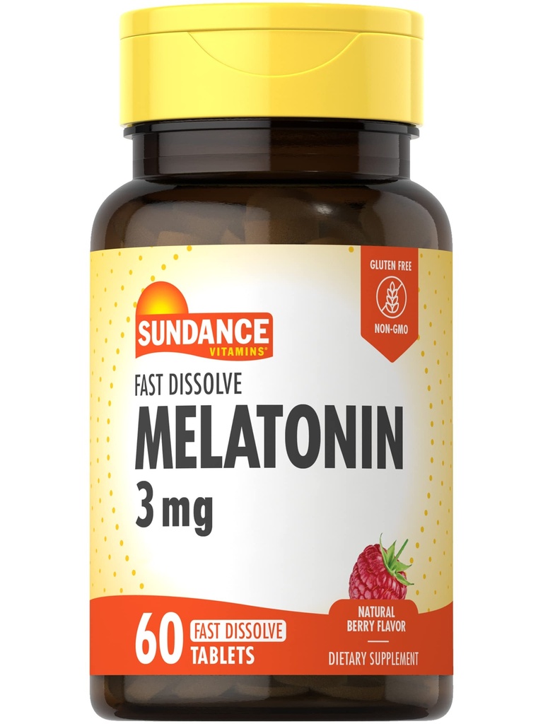 Sundance Melatonin 3mg Fast Dissolve | 60 Vegetariska tabletter | Natural Berry Flavor | Vegetarian, icke-GMO och Gluten fri tillägg