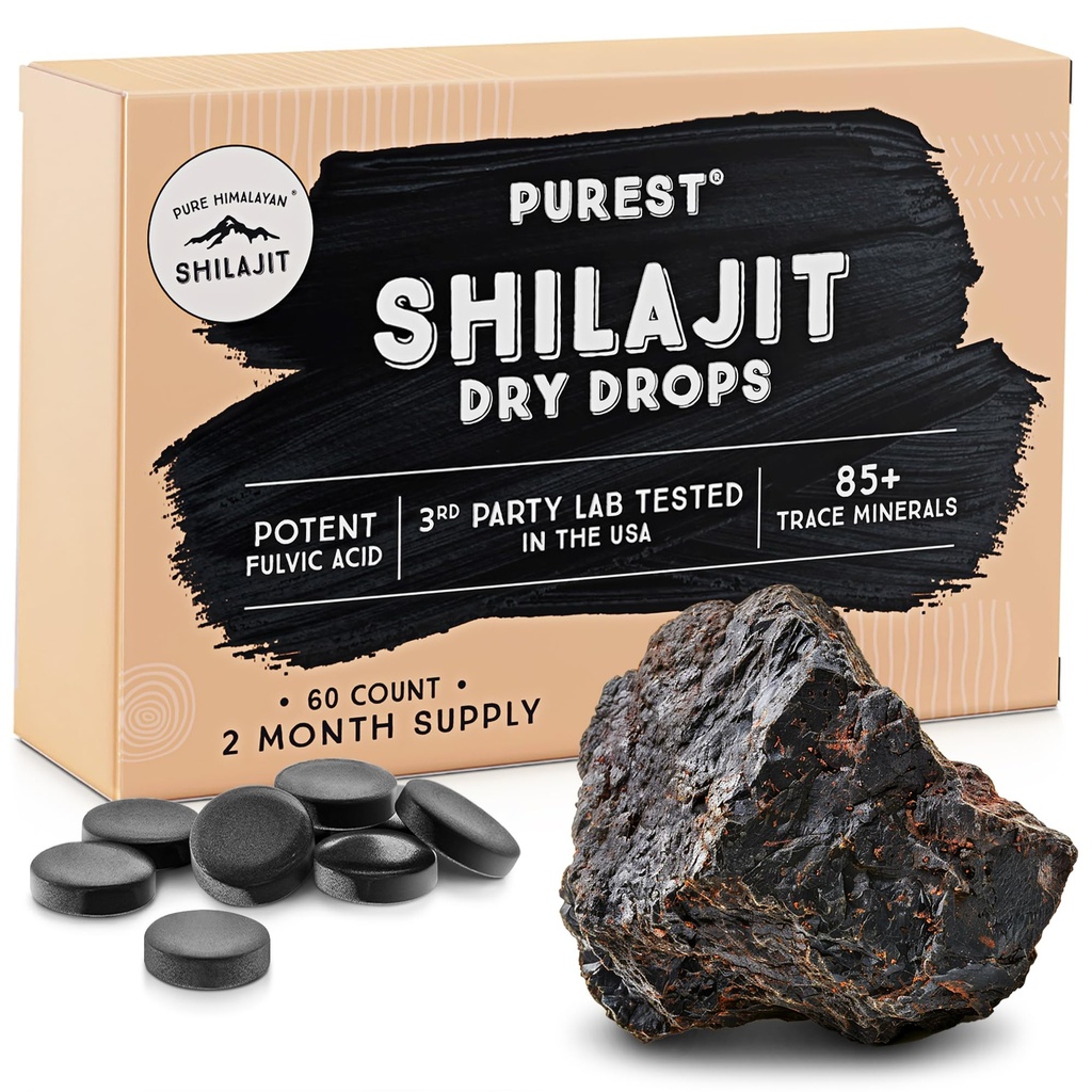 Rena Himalayan Shilajit Dry Drops, 100% ren naturlig Shilajit, Grade A, Max Potency 85 + Clean Trace Minerals & Fulvic Acid för energi, Metabolism & Immune Support Supplement för Män & Kvinnor (60 flikar)