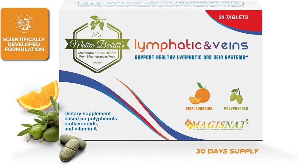 Dr Matteo Bertelli's - Lymphatic & Veins 30 tabletter, Lymphatic Drainage Dietary Supplement med Hydroxytyrosol, Vitamin A, Hesperidin, Citrus Fruit Extract, Spermidine, för Healthy Venous och Lymphatic
