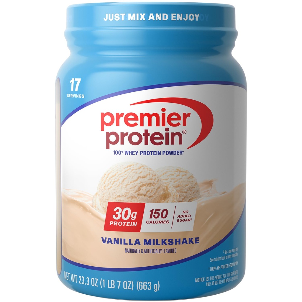 Premier Protein Powder, Vanilla Milkshake, 30g Protein, 1g Sugar, 100% Whey Protein, Keto Friendly, No Soy, Gluten Free, 23.3 oz (17 portioner)