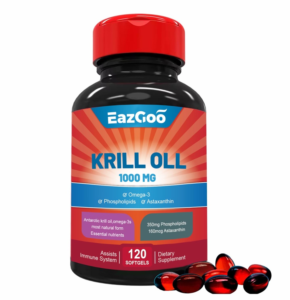Antarctic Krill Oil 1000mg, Omega 3 Supplement, EPA, DHA, Fosfolipider och Astaxanthin- 120 Softgels