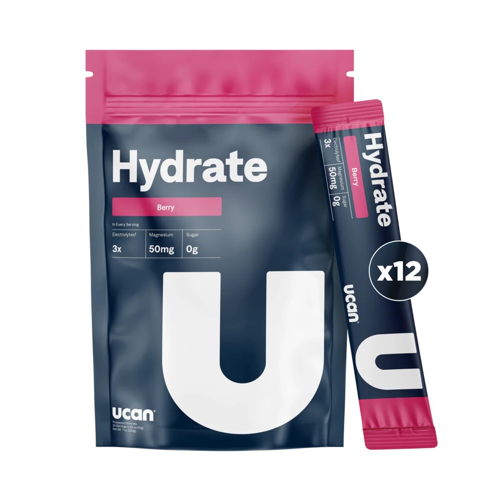 UCAN Hydrate Electrolyte Drink Mix (Berry, 12 Stickpacks) Sugar-Free, Keto-Friendly, Vegan, Non-GMO, Gluten-Free Electrolyte Powder med kalium & Magnesium för löpare & idrottare