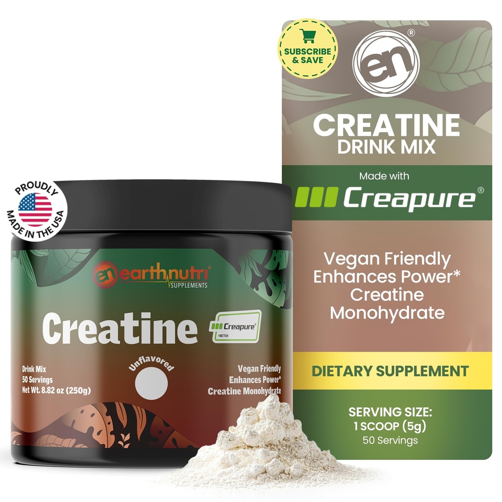 EarthNutri Creatine Monohydratpulver - Rent kreatintillskott för muskelstyrka, styrka och prestanda - Icke-GMO, sockerfri, additivfri - för män och kvinnor, osmakad 250 g