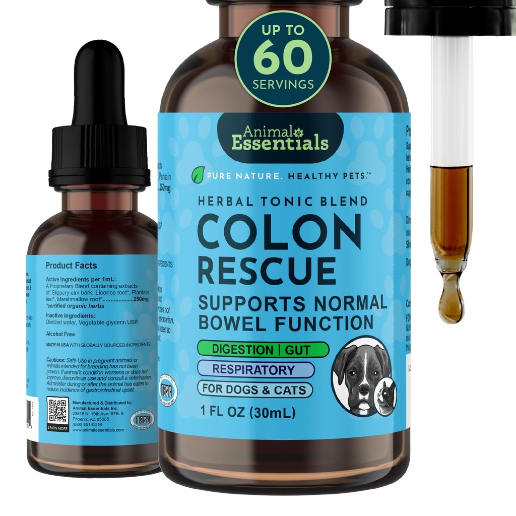 Animal Essentials Colon Rescue för hundar och katter - förstoppningshjälp, Stool Softener med Slippery Elm, Marshmallow Root, Licorice Root - 1 Fl Oz