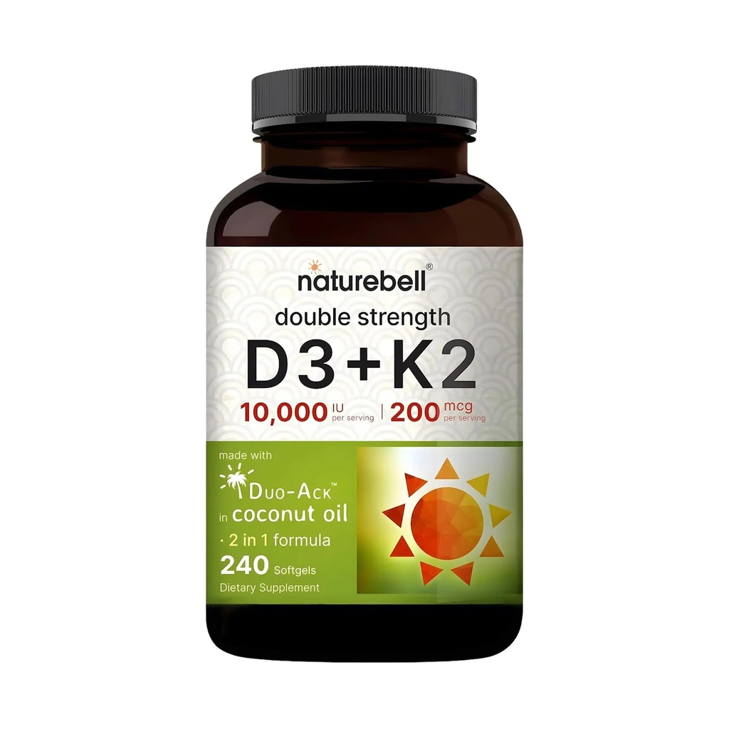 NatureBell Vitamin Dubbel Styrka D3 + K2-240 Softgels - 10 000 IE Vitamin D & 200mcg K2 - Benstyrka, Immun Funktion & Calcium Absorption Support * - Coconut Oil Infused