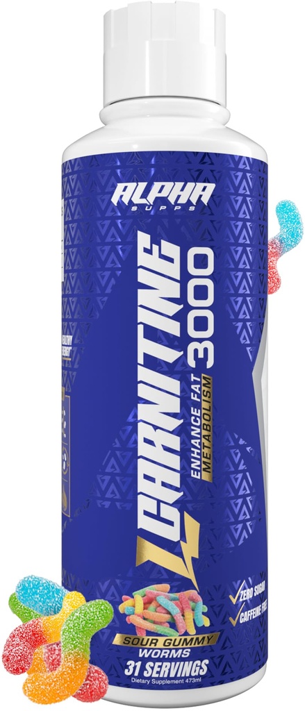 Alpha Supps L Carnitine Liquid 3000 | Stimulant-Free L-Carnitine Supplement för Män & Kvinnor | Pre-Workout Energy Boost & Muscle Recovery | Zero Sugar, Fat & Carbs | 31 Servings (Sour Gummy Worms)
