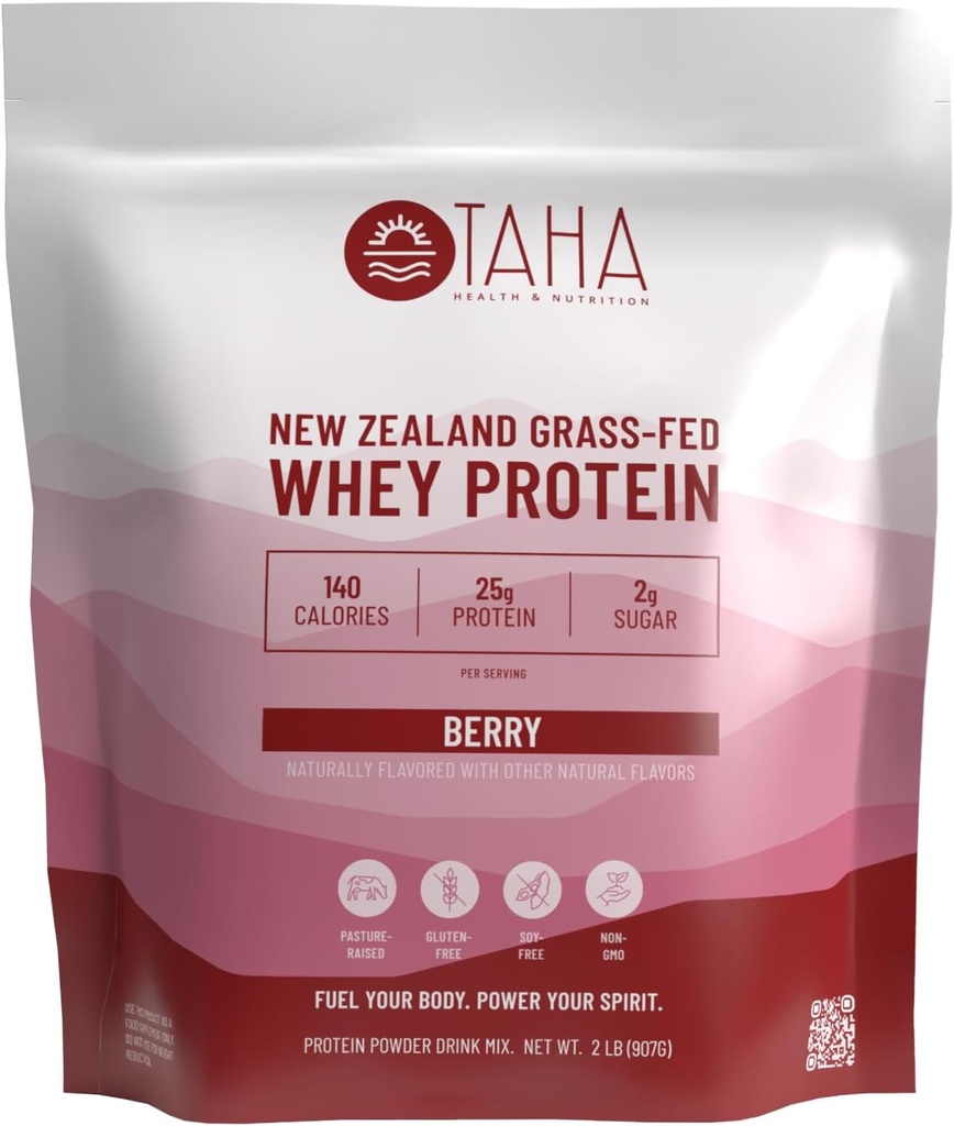 Taha Health & Nutrition Berry Flavored Whey Protein Concentrate Powder, 25g Protein, 140 Calories, 2g Sugar | New Zealand Grass-Fed, Free-Range Dairy | Gluten and Soy Free, Keto, Kosher | 2LB