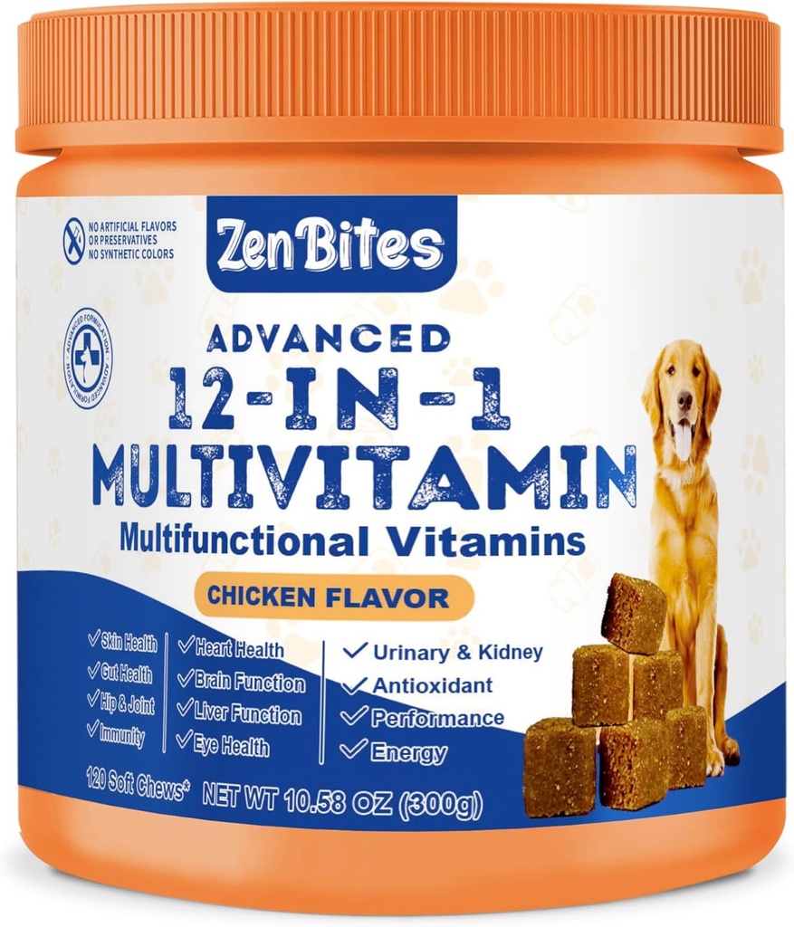 12-i-1 Hund Vitaminer & Probiotika 120 Mjuka Chews - Organisk Multivitamin med Glukosamin för hundar - Gemensamt Support Supplement för hundar av alla åldrar, Storlekar, & raser, Stöder hud, hjärta, immunitet