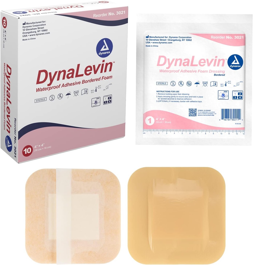 Dynarex Dynalevin Waterproof Adhesive Bordered Foam, 10 Count / 4 x 4 tum