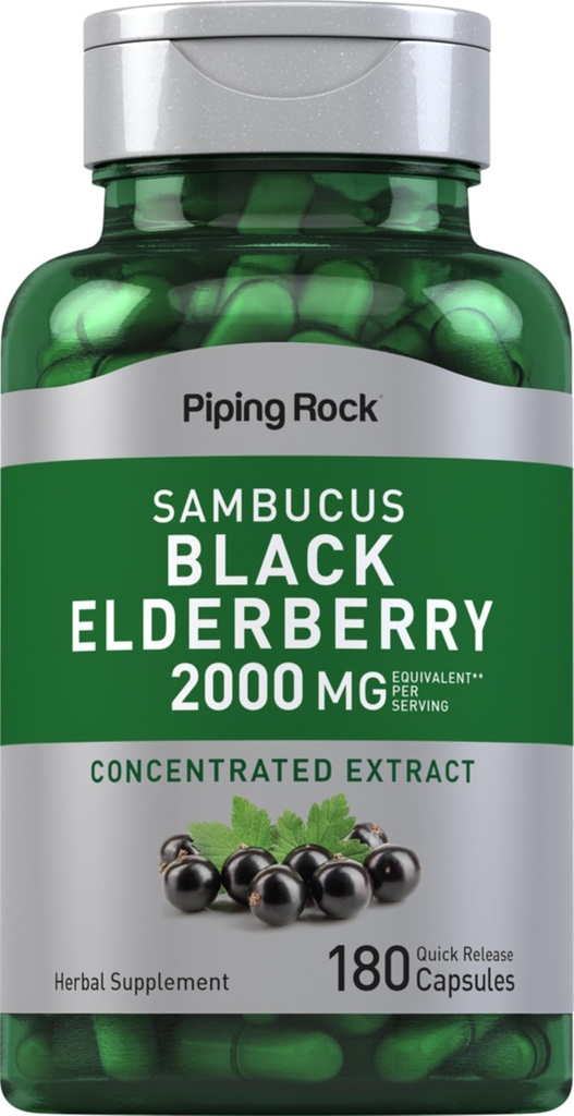 Piping Rock Elderberry Capsules | 2000 mg | 180 piller | Sambucus Herbal Extract Supplement | Koncentrerad extrakt | Non-GMO, Gluten Free