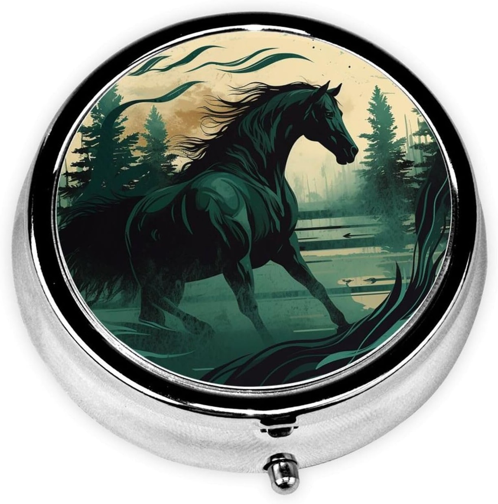 Round Pill Box Cute Small Pill Case 3 Compartment Pillbox för Purse Pocket Realistic Horse Painting Style Portable Pill Container Holder för att hålla Vitamins Medication Fish Oil och Supplements