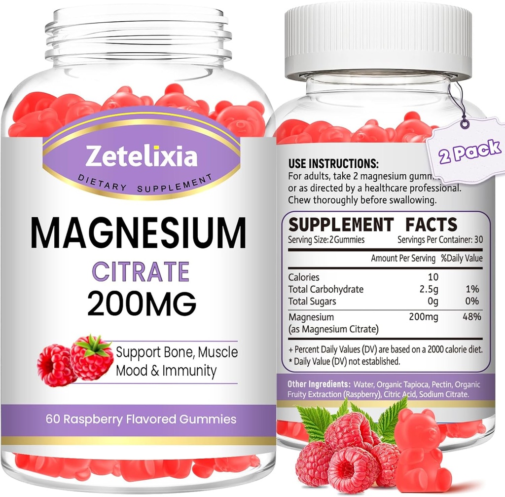 2 Pack Magnesium Citrate Gummies, High Absorption Magnesium Gummies för vuxna, Muscle & Teeth Support, Vegan Natural Raspberry Flavor 120 Cts