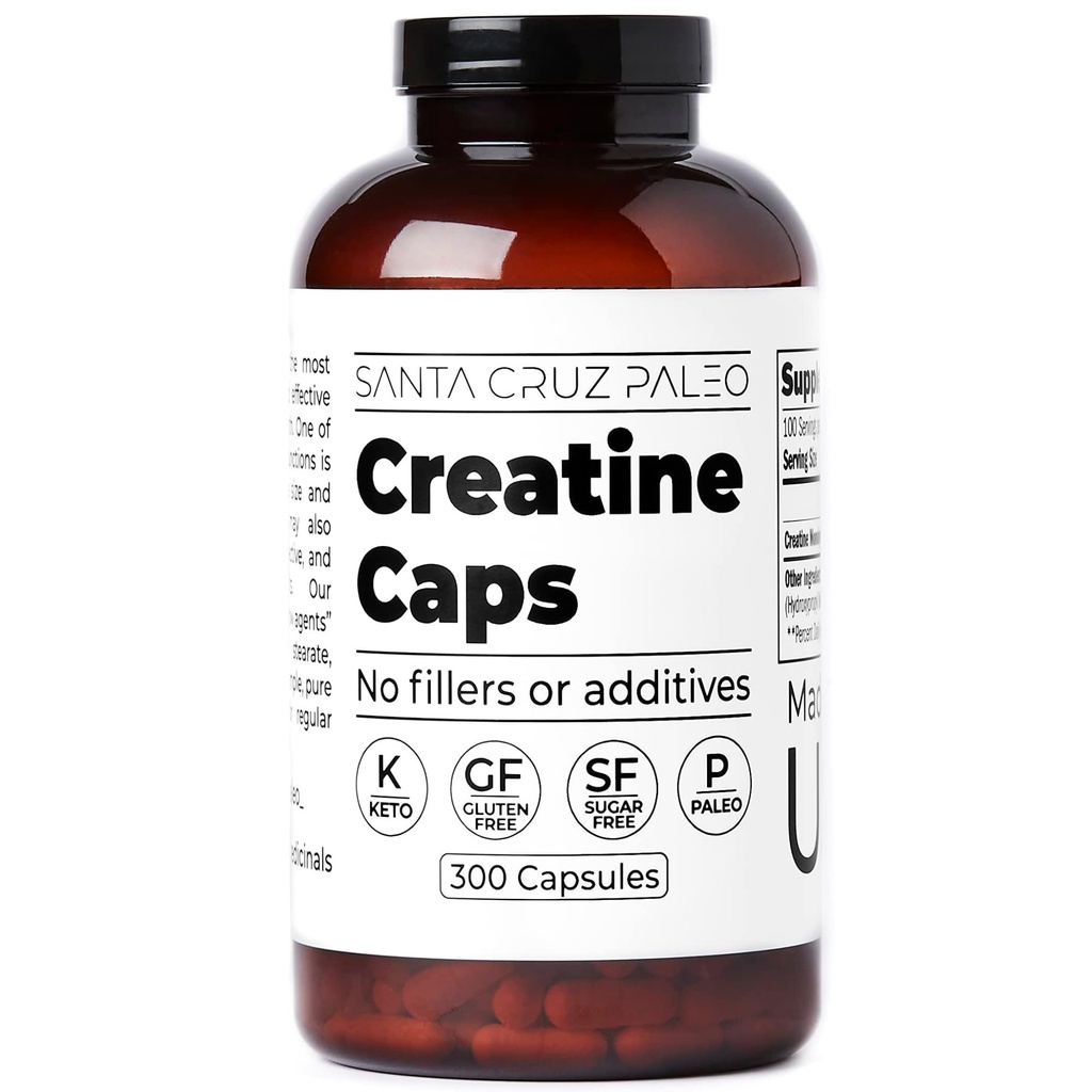 Santa Cruz Paleo Creatine Capsules, stöder muskeltillväxt och energi, Gluten Free, Keto, sockerfri, Paleo, inga fillers eller tillsatser, kreatinmonohydratpiller, 2500mg, 100 portioner, 300 kapslar