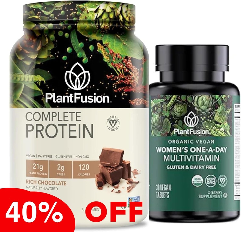 PlantFusion Protein Powder & Organic Women's Multivitamin Bundle - 21g Plant-Based Protein med BCAAs, Clean Ingredients, & Delicious Flavor Plus 19 Vitaminer för energi, immunitet och hjärta Hea