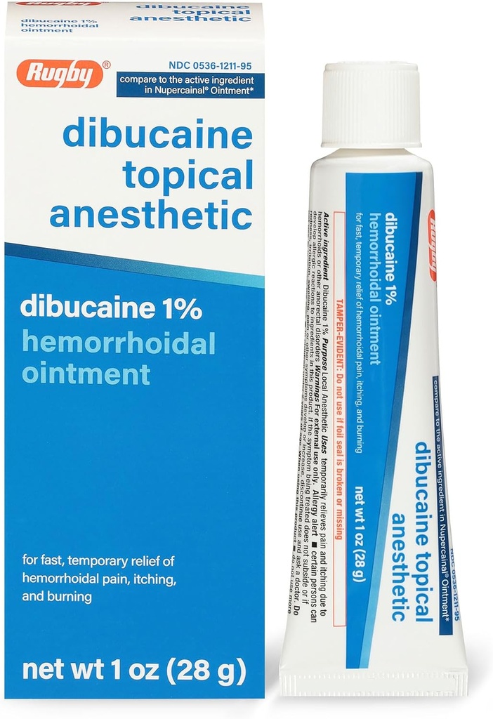 Rugby Dibucaine Topical Anesthetic 1% Hemorrhoid Ointment - Pain Relief Cream för Itching och Burning, Hemorrhoid Behandling, Anti Itch Cream 1 Oz (1 Pack)