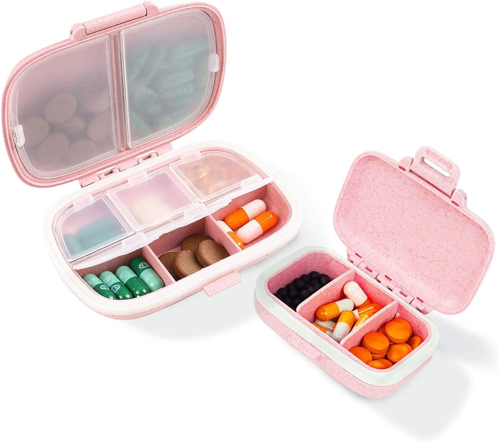 2 Pack Pill Case Organizer,Travel Pill Box med Label, Daily Medicine Organizer Case, Waterproof Pocket Container Case, Portable Pink Supplement Case Medicine Container Compact för Vitamin