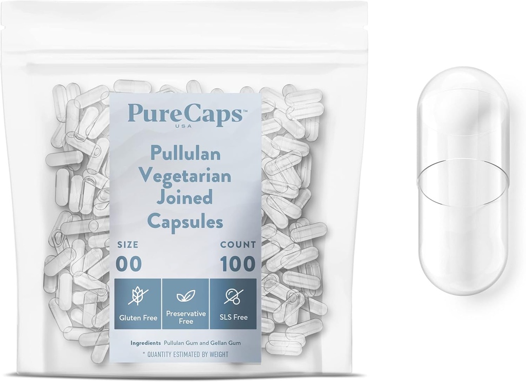 PureCaps USA - Empty Vegetarian Vegan Pullulan Pill Capsules Storlek 00 | 100 Joined Pills | Clear | Non-GMO Certified | SLS, Gluten, Konserveringsfri