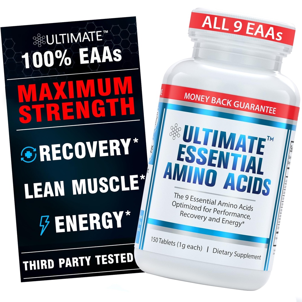 Ultimate Essential Amino Acids Supplement for Cutting, Fasting & Workouts, Alla 9 EAAs, 3000mg, 40% Leucine, 4:1:1 BCAA Ratio, Binder-Free med organisk beläggning, Vegan, Keto, Non-GMO, 150 tabletter