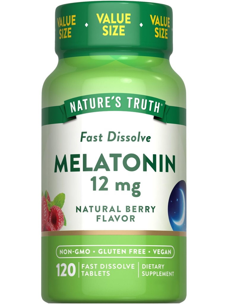 Naturens Sanning Melatonin tabletter | 12mg | 120 greve | Natural Berry Flavor | Snabb upplösning | Vegan, icke-GMO & Gluten fri tillägg