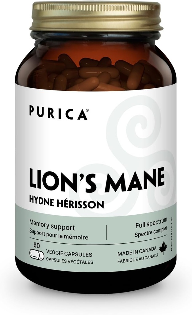 PURICA - Lion's Mane Micronized Mushrooms, 60 Vegan Capsules - främjar kognitiv hälsa - Fokus och minnesstöd