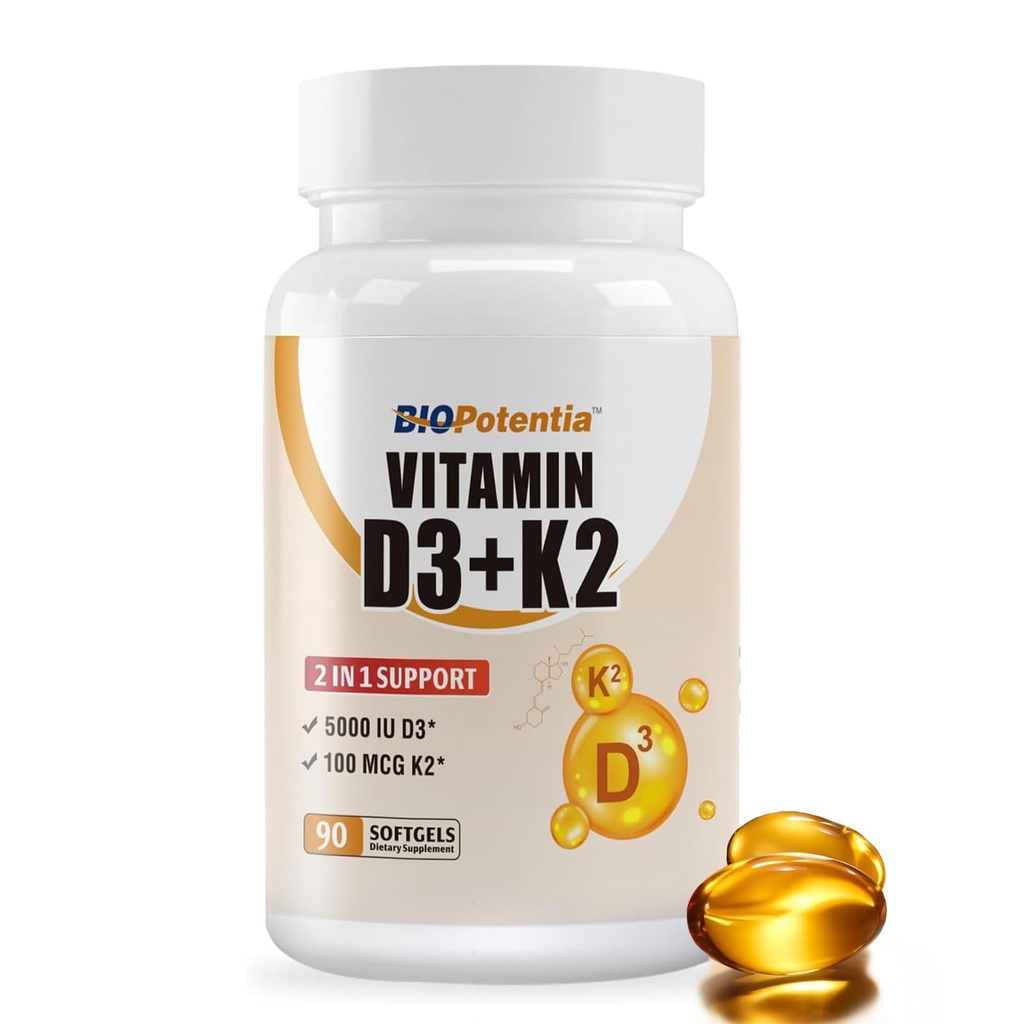 Vitamin D3 K2 (MK7) Softgel Supplement, vitamin D3 5000 IE & K2 100MCG med MCT Oil Supplement, Immune Support, Bone & Teeth Health, Gluten-Free, Non-GMO | 90 Softgels