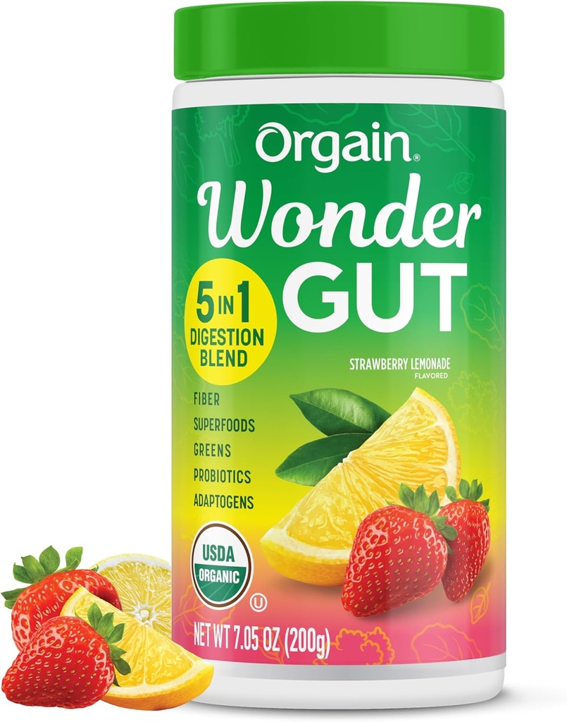 Orgain Organic Wonder Gut Fiber Supplement Powder, 5 in 1 Blend with 1 Billion Probiotics, Greens, Vitamin C, Adaptogens for Gut Health and Immune Support, Non-GMO, Strawberry Lemonade, 7.05 oz