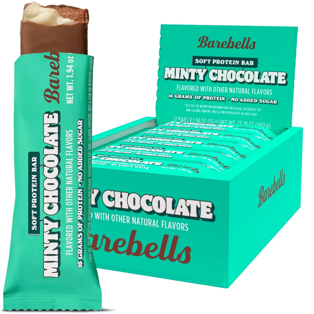 Barebells Soft Protein Bars, Minty Chocolate - 12 Count, 16g High Protein Treats - Chocolate Nutrition Bar med 1g Total Sugars - På Go Breakfast eller Post-Workout Snack