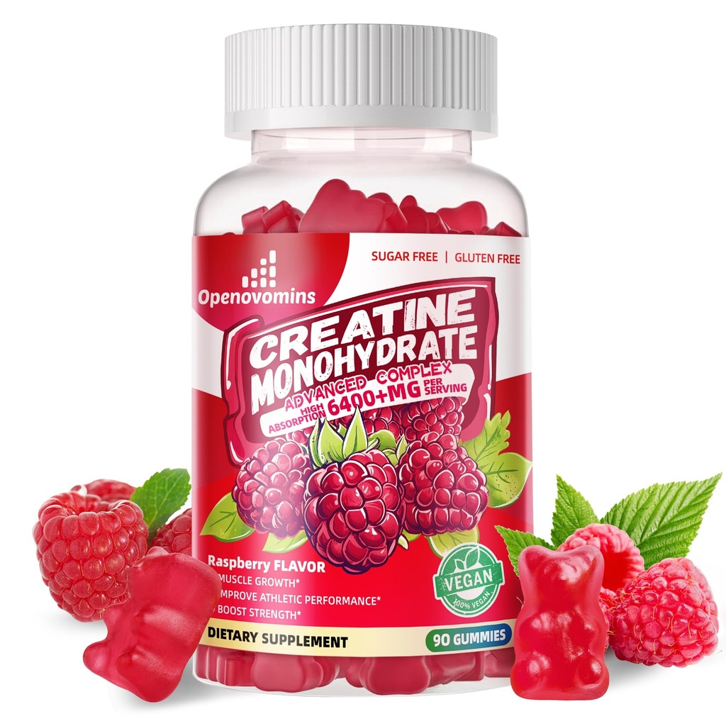 Kreatinmonohydrat Gummies Komplex 6400mg för Män & Kvinnor -Avancerad Formel W/L-Taurin + Vitamin B12, Sugar Gratis Tuggbar Supplement,90 Raspberry Gummies
