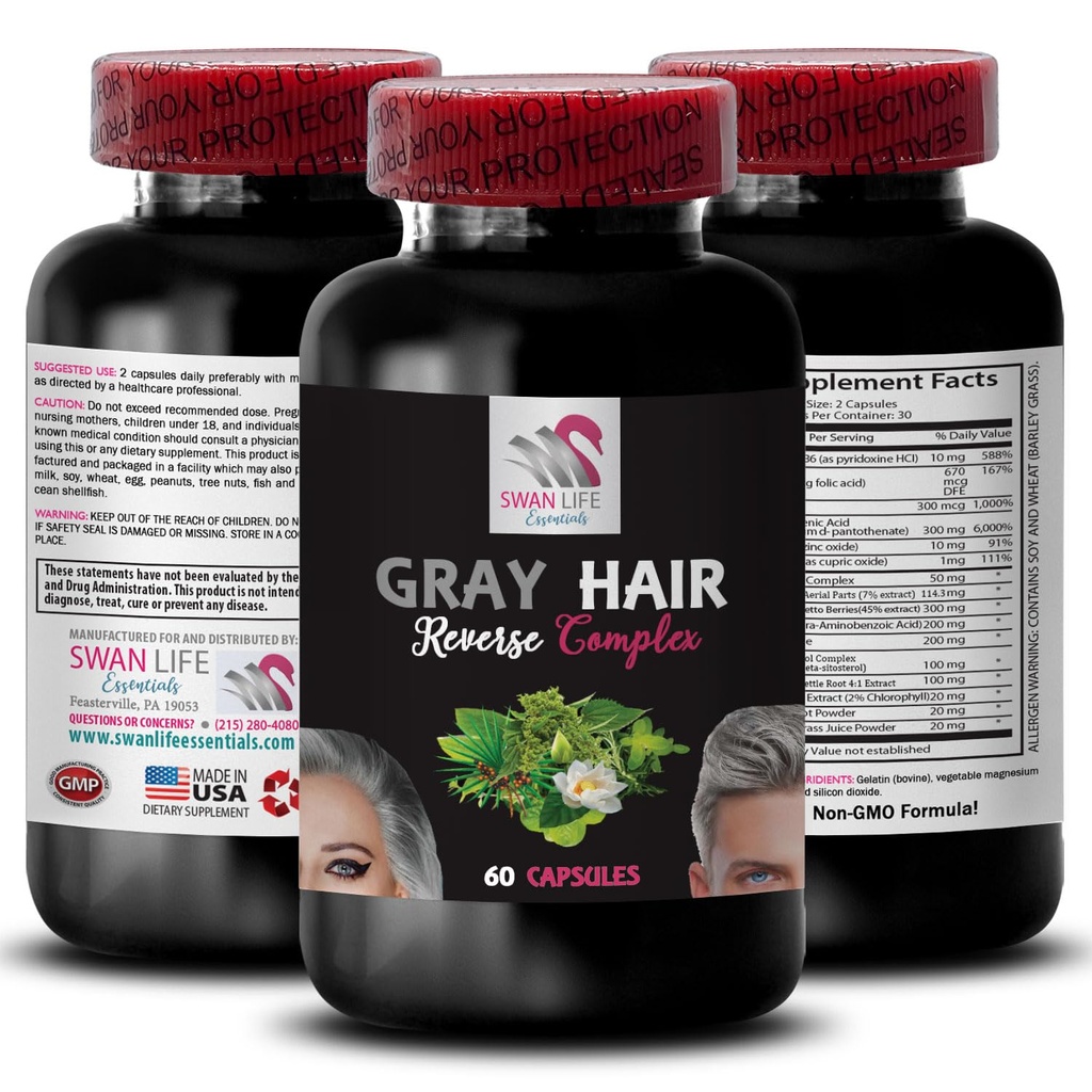 Gray Hair Supplement - GRAY HAIR REVERSE - hair revitalization, intense hair color, natural shine, dynamic color, renewed hair appearance, hair glow, fresh vibrancy, color re-energizer 1Bot 60Caps