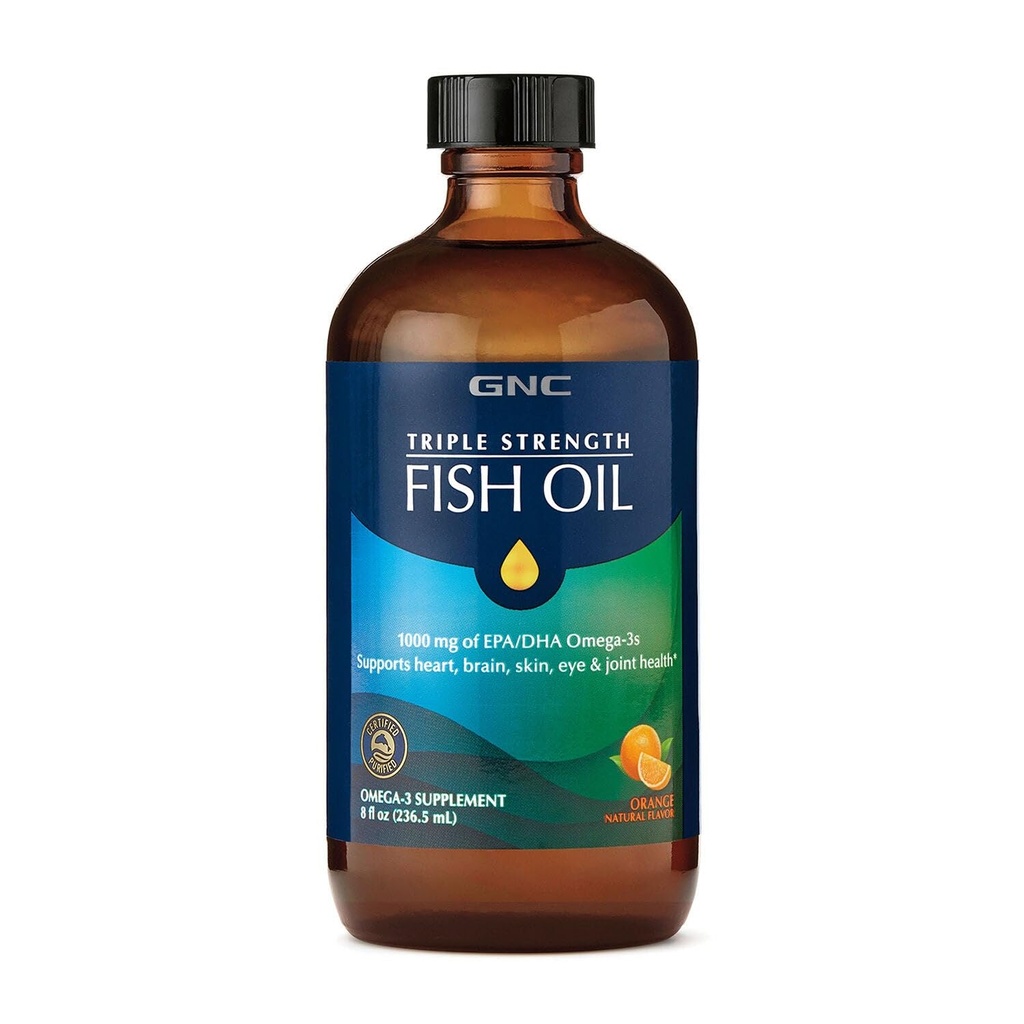 GNC Triple Strength Fish Oil Liquid Supplement, Wild Deep Ocean Fångad. med 1000mg EPA DHA Omega 3s, för, Hjärta, Hjärna, hud, öga, gemensam hälsa, naturlig orange smak, 8 Fl Oz, 47 portioner