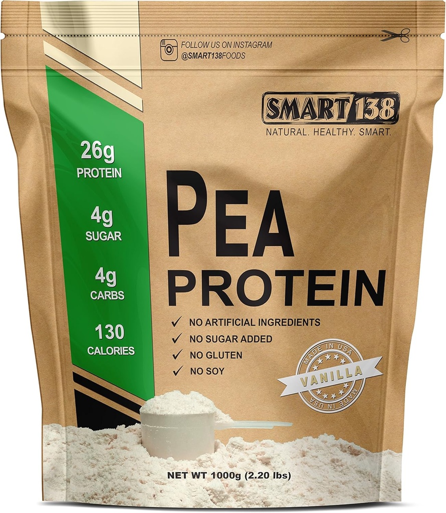 Smart138 Vanilla Pea Protein, Ultra-Fine Powder, Vegan, Gluten-Free, Soy-Free, Dairy-Free, Non-GMO, USA / Kanada, Keto (Low Carb), Natural BCAAs (1000g / 2.2lbs, Vanilla)