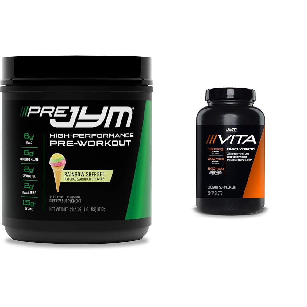 JYM Supplement Science Pre Jym Rainbow Sherbet Pre-Workout, 30 Servings & Vita JYM Multivitamin för idrottare, 60 tabletter Bundle