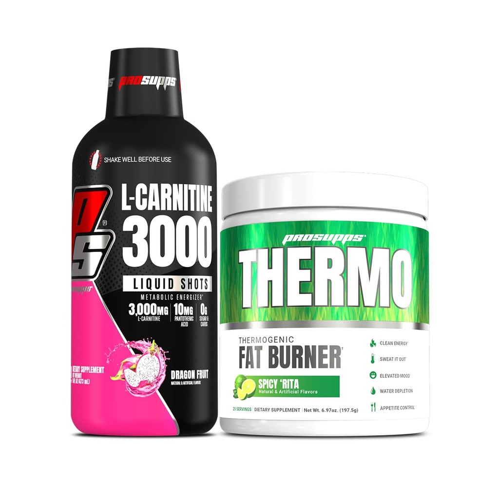 PROSUPPS L-Carnitine 3000 Stimulant Free Liquid Shots (31 portioner, Dragon Fruit) och Thermo Fat Burning Thermogenic Powder (25 portioner, Spicy 'Rita) Bundle
