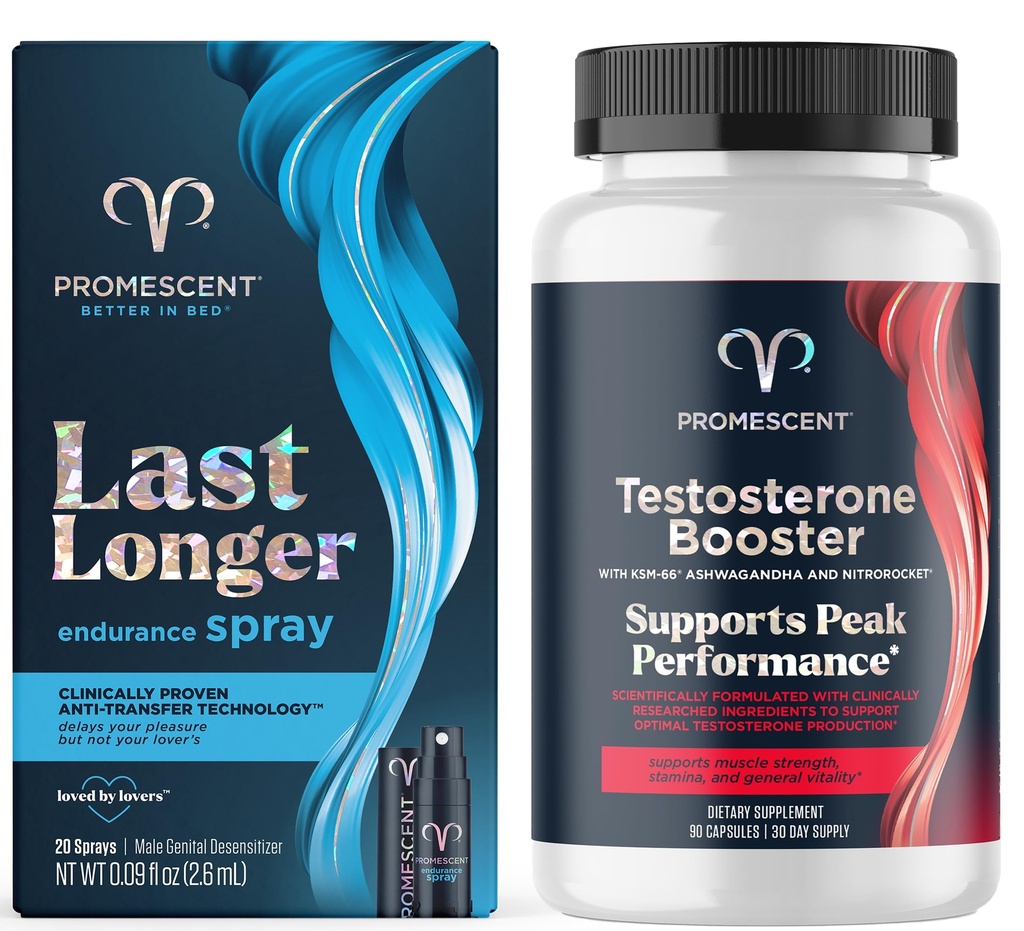 Promescent Delay Spray för honom (2,6 ml) + Testosteron Booster för Män Supplement med Tongkat Ali (LongJack), KSM-66 Ashwagandha, Horny Goat Weed
